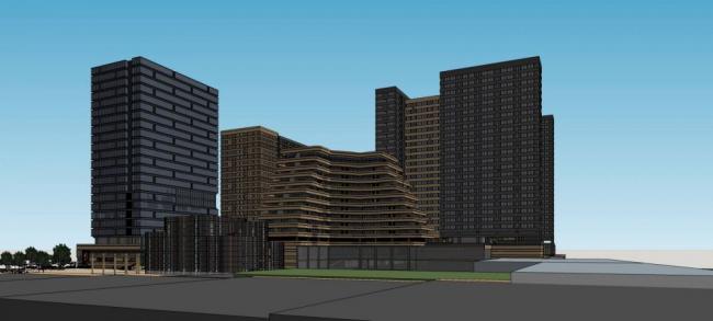 Sketchup综合体模型|高层城市商业综合体，现代风格，酒店办公，公寓，多层商业裙房，商场