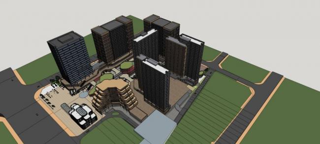 Sketchup综合体模型|高层城市商业综合体，现代风格，酒店办公，公寓，多层商业裙房，商场