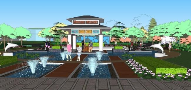 Sketchup景观模型|住宅小区景观，水景，长廊，亭子，喷泉，儿童游乐设施