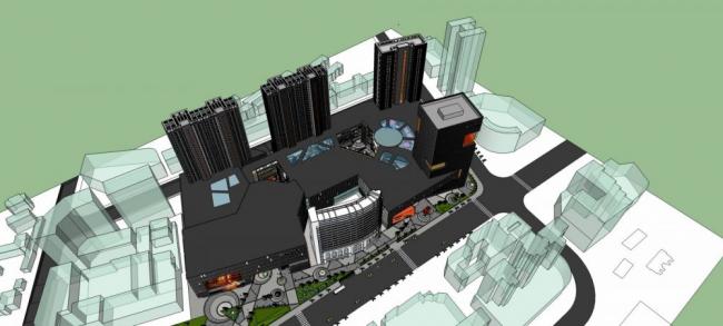 Sketchup综合体模型|巴陵·尚城商业综合体，高层酒店办公，多层商业裙房，现代风格
