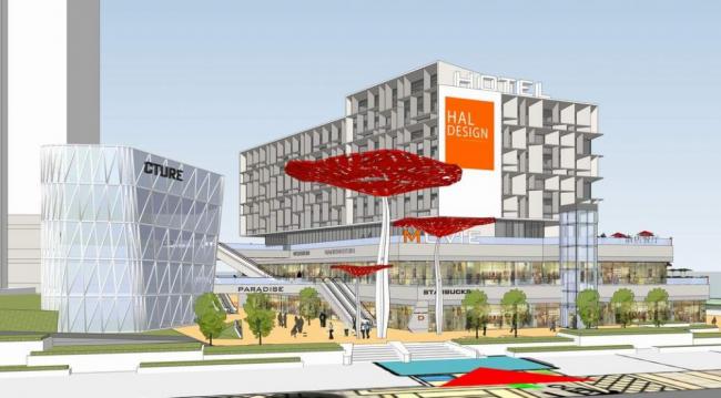 Sketchup酒店模型|多层客栈，酒店，蘑菇雕塑，现代风格