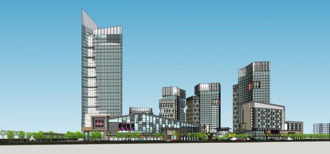 Sketchup综合体模型|商业综合体，高层办公，写字楼，酒店，商业裙房，现代风格