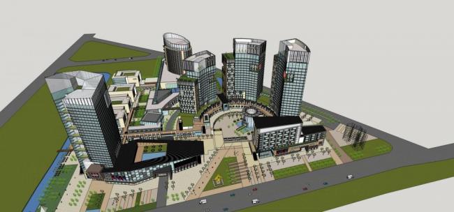 Sketchup综合体模型|商业综合体，高层办公，写字楼，酒店，商业裙房，现代风格