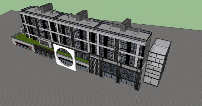Sketchup住宅模型|多层商业住宅楼，居住建筑，商业裙房，新中式风格