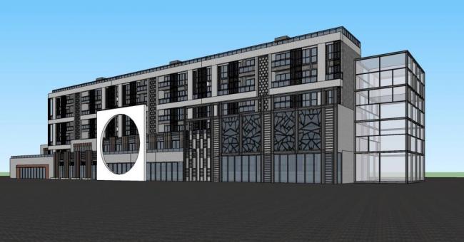Sketchup住宅模型|多层商业住宅楼，居住建筑，商业裙房，新中式风格