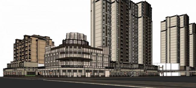 Sketchup综合体模型|沿街商业综合体，商业裙房，居住建筑，高层住宅，公寓，新古典风格