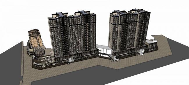 Sketchup综合体模型|沿街商业综合体，商业裙房，居住建筑，高层住宅，公寓，新古典风格