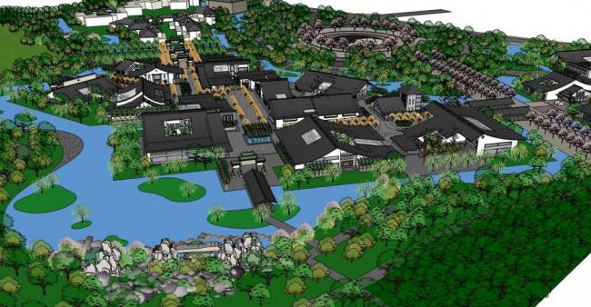 Sketchup商业模型|多层商业街，中式风格，景观