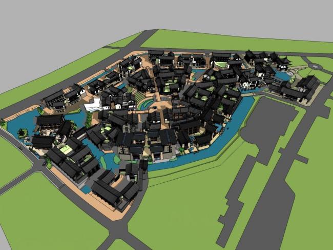 Sketchup酒店模型|多层度假小镇，酒店，中式风格