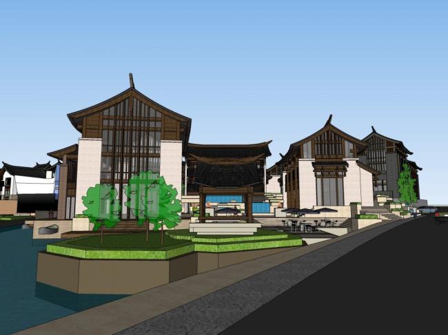 Sketchup酒店模型|多层度假小镇，酒店，中式风格