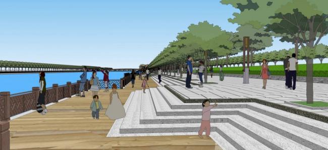 Sketchup景观模型|大型临水公园景观，桥，城市小品，单层，中式风格，河边