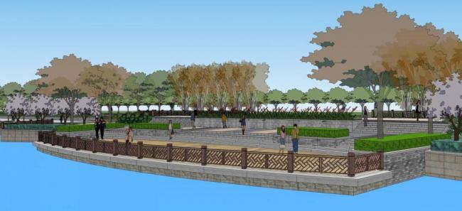 Sketchup景观模型|大型临水公园景观，桥，城市小品，单层，中式风格，河边