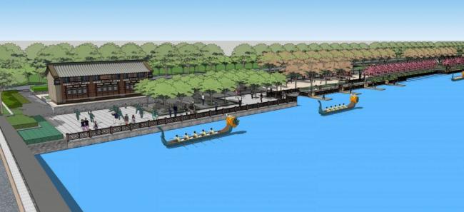 Sketchup景观模型|大型临水公园景观，桥，城市小品，单层，中式风格，河边