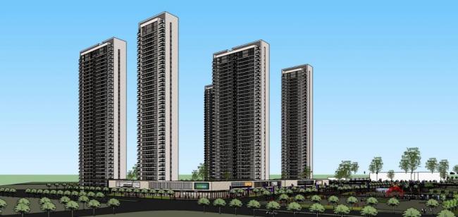 Sketchup住宅模型|超高层住宅楼，小区，商业裙房，底层商业，现代风格，居住建筑