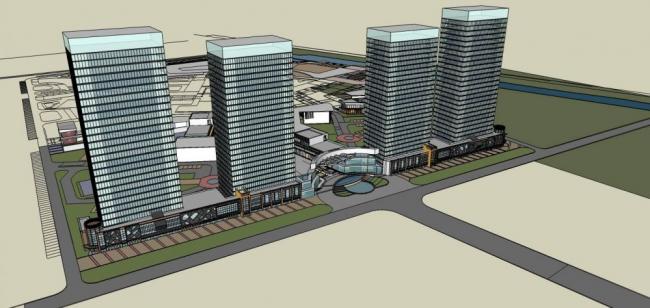 Sketchup综合体模型|高层综合体，住宅，商业裙房，办公，现代风格