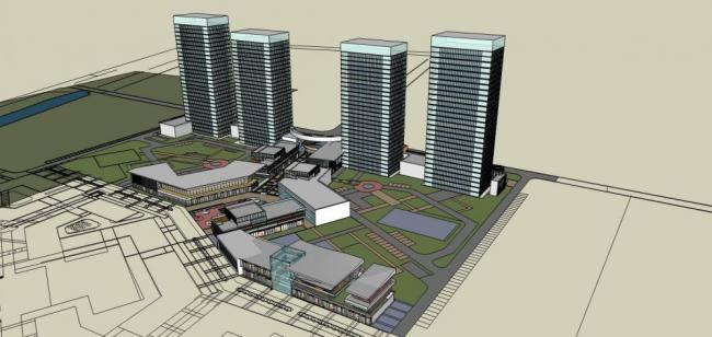 Sketchup综合体模型|高层综合体，住宅，商业裙房，办公，现代风格
