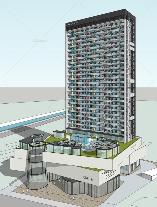 Sketchup办公模型|高层办公，写字楼，底层商业，现代风格