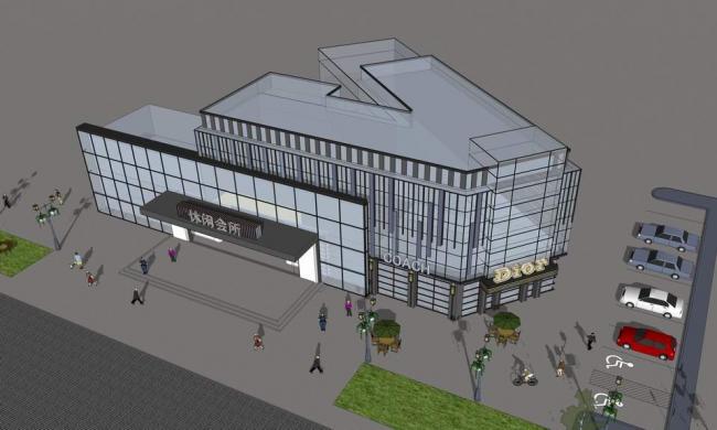 Sketchup商业模型|多层休闲会所，立面设计，拐角商业会所，现代风格