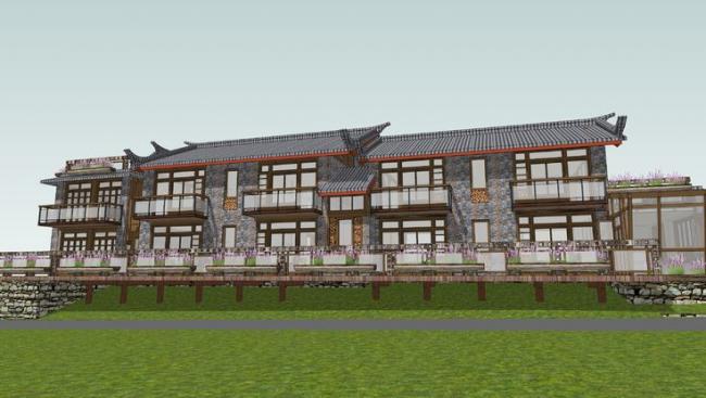 Sketchup酒店模型|多层住宅，中式风格，旅馆酒店，束河古镇仿古屋