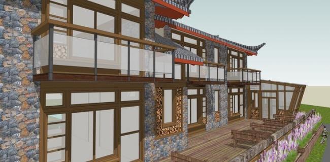 Sketchup酒店模型|多层住宅，中式风格，旅馆酒店，束河古镇仿古屋