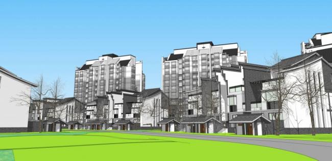 Sketchup住宅模型|多层住宅小区，高层公寓，居住建筑，双拼别墅，中式风格