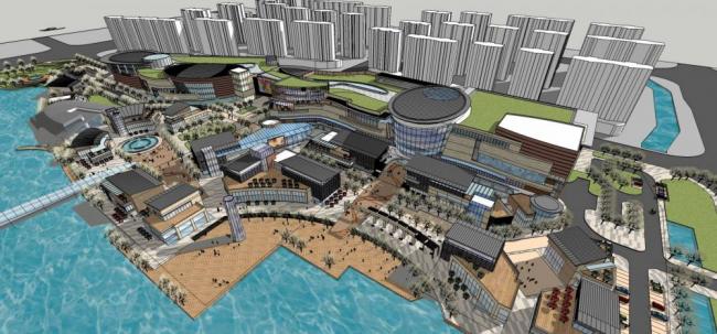 Sketchup综合体模型|滨江综合商业街，酒店办公，商场，裙房，多层高层混合，现代风格