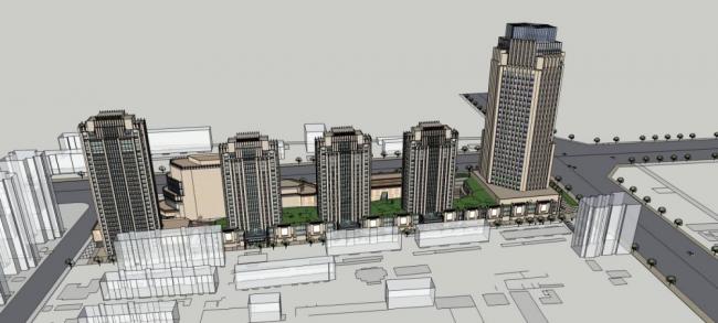 Sketchup综合体模型|高层商业综合体，办公，住宅，新古典风格