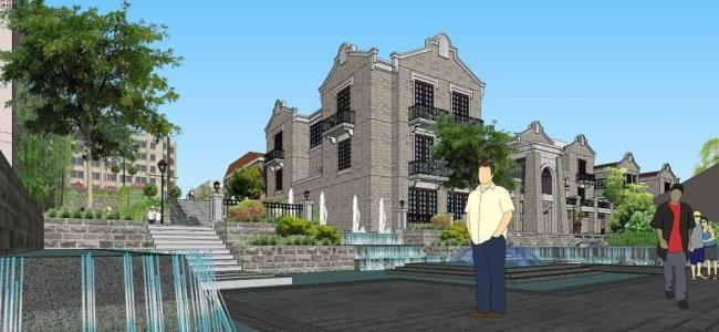 Sketchup商业模型|老镇水街，民国风，多层商业街，新中式风格