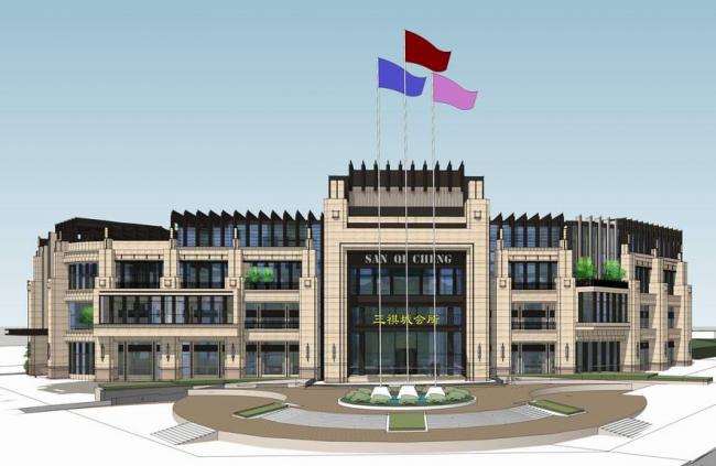 Sketchup商业模型|多层转角售楼处，商业会所，简欧式，法式古典风格，欧式