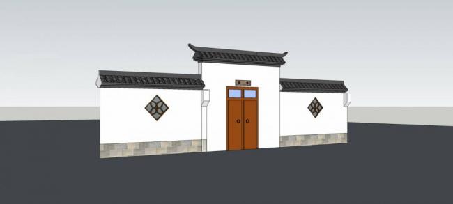 Sketchup素材模型|庭院大门，围墙，中式风格，素材