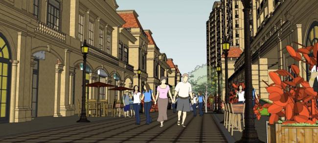 Sketchup商业模型|法式商业街，高层住宅楼，古典风格