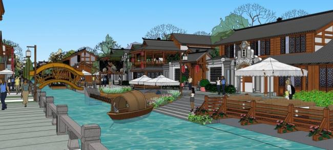 Sketchup商业模型|街子酒吧街，多层商业街，中式风格