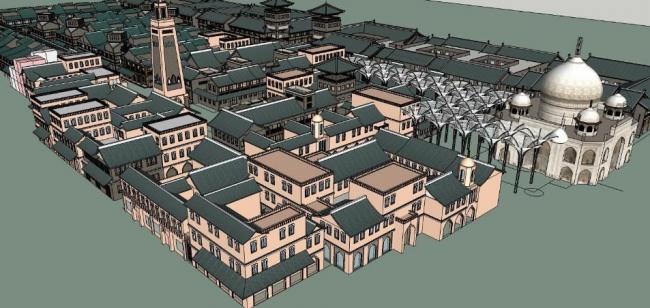 Sketchup商业模型|新疆天山伊斯兰，多层仿古商业街，中式风格