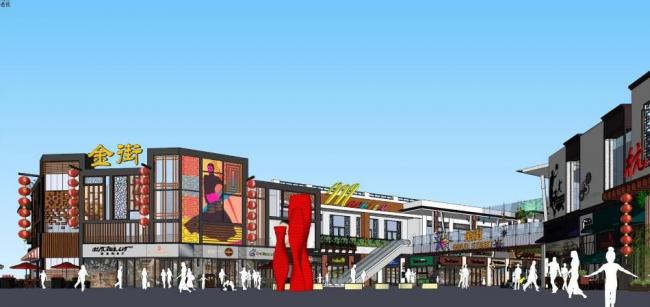 Sketchup商业模型|杭州万达金街，多层商业街，新中式风格