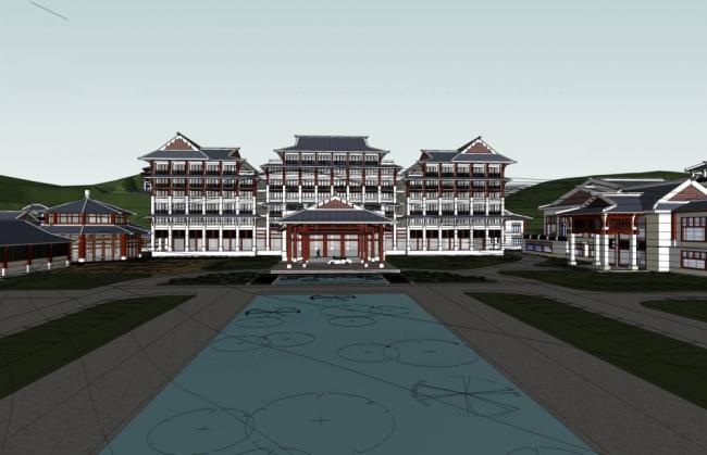 Sketchup酒店模型|信宜莲花山庄，多层酒店会所，中式风格