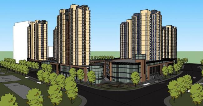 Sketchup住宅模型|高层住宅小区，商业裙房，底层商业，现代风格，居住建筑