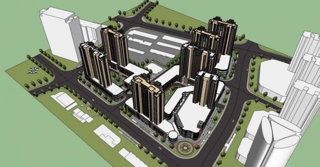 Sketchup住宅模型|高层住宅小区，商业裙房，底层商业，现代风格，居住建筑