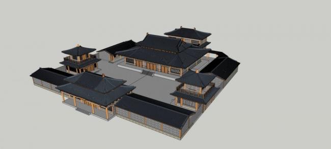 Sketchup古建筑模型|多层寺庙，宗教建筑，中式风格，古建