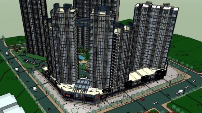Sketchup综合体模型|高层住宅，办公楼，底层商业，现代风格