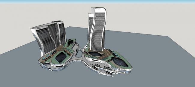 Sketchup办公模型|高层酒店办公楼，底层商业，现代风格