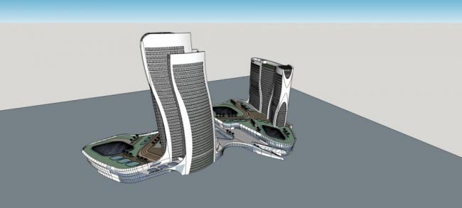 Sketchup办公模型|高层酒店办公楼，底层商业，现代风格