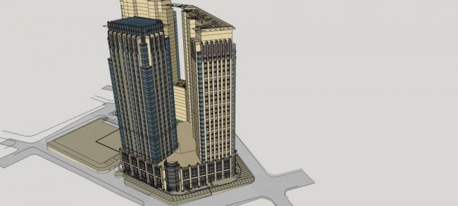 Sketchup综合体模型|商业综合体，高层办公，商业裙房，新古典风格