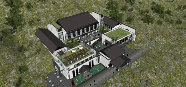 Sketchup酒店模型|多层山地酒店，中式风格