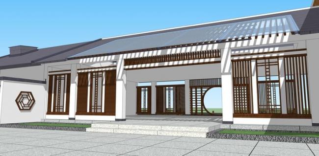 Sketchup酒店模型|商业建筑，多层旅馆酒店，新中式风格，庭院，景观