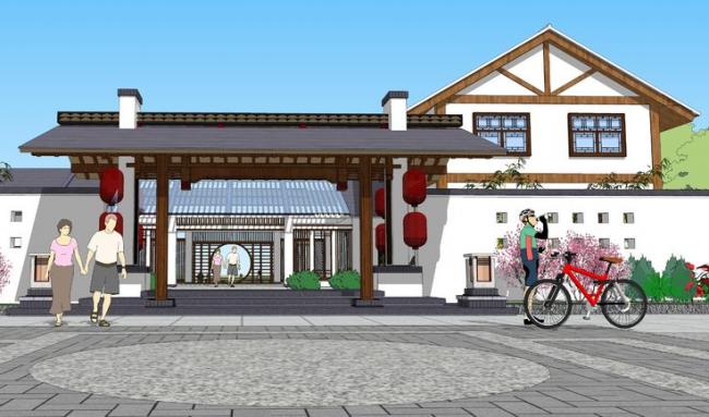 Sketchup酒店模型|商业建筑，多层旅馆酒店，新中式风格，庭院，景观