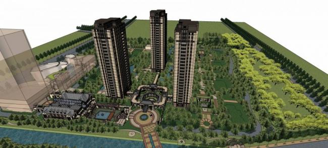 Sketchup住宅模型|高层住宅公寓，小区，大门景观，欧式古典风格，居住建筑