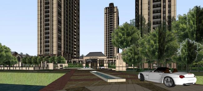 Sketchup住宅模型|高层住宅公寓，小区，大门景观，欧式古典风格，居住建筑