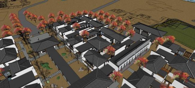 Sketchup酒店模型|多层休闲度假村，酒店，汉式风格，中式风格