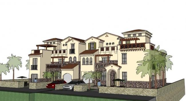 Sketchup别墅模型|西班牙风格，双拼别墅