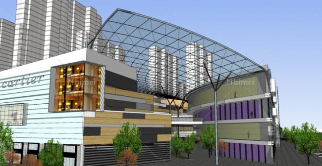 Sketchup商业模型|多层购物中心，下沉商业街，现代风格